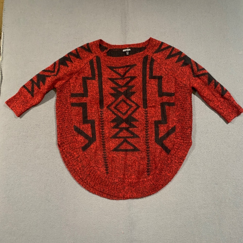 Express Sweater Women Small Red Black Geometric Aztec Wool Mohair Blend Pullover